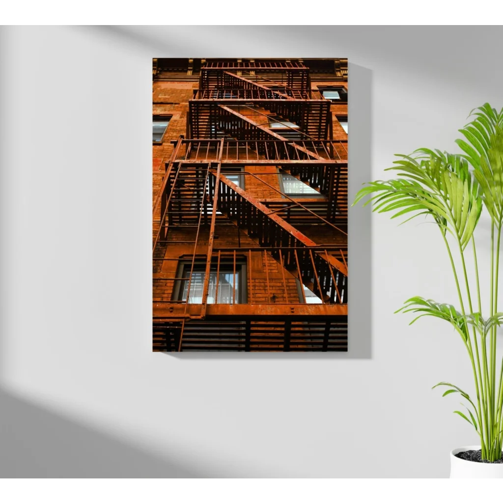 Rust-colored fire escape staircase on insigne aluminum print