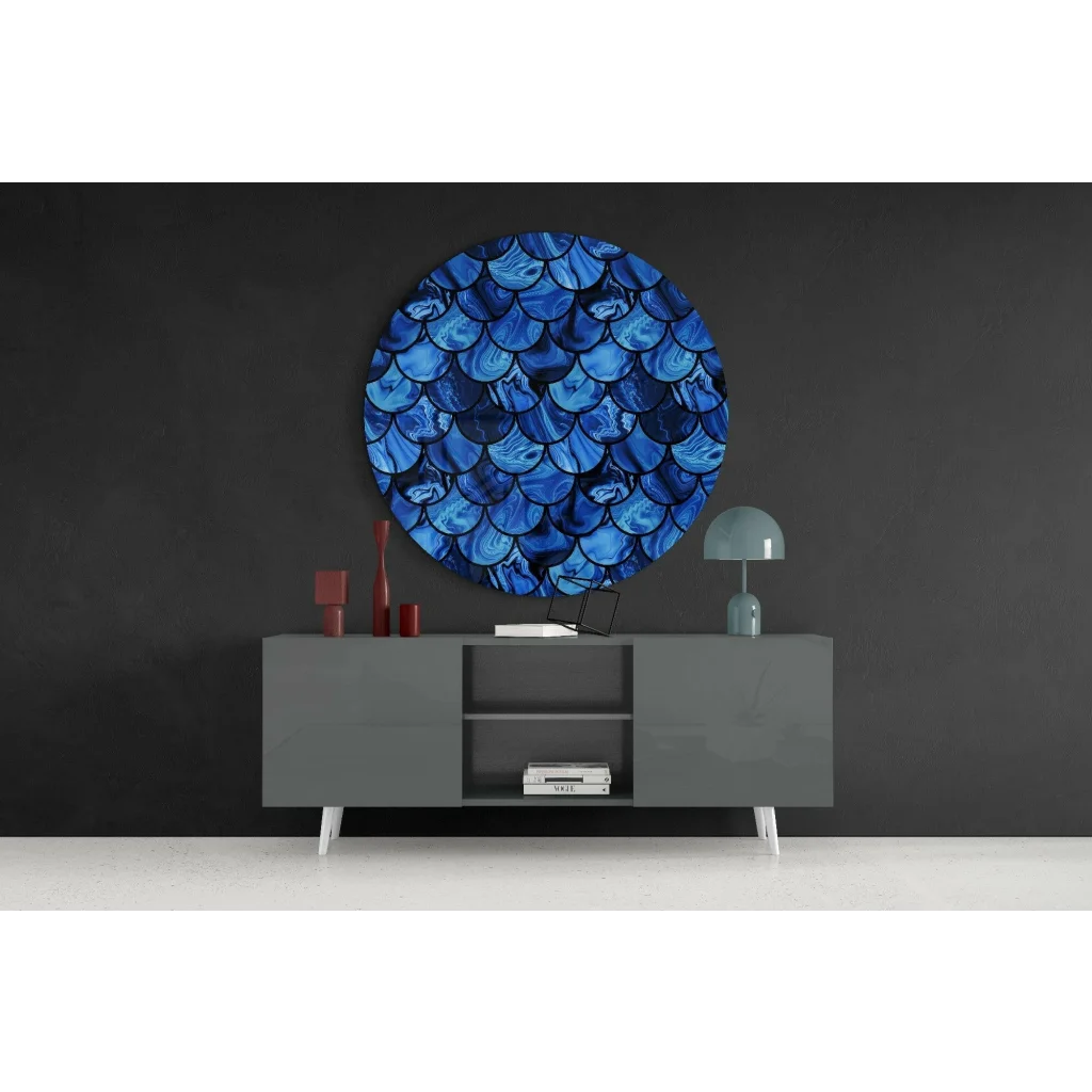 Mesmerizing blue mermaid scale tempered glass art with glossy fish-scale texture