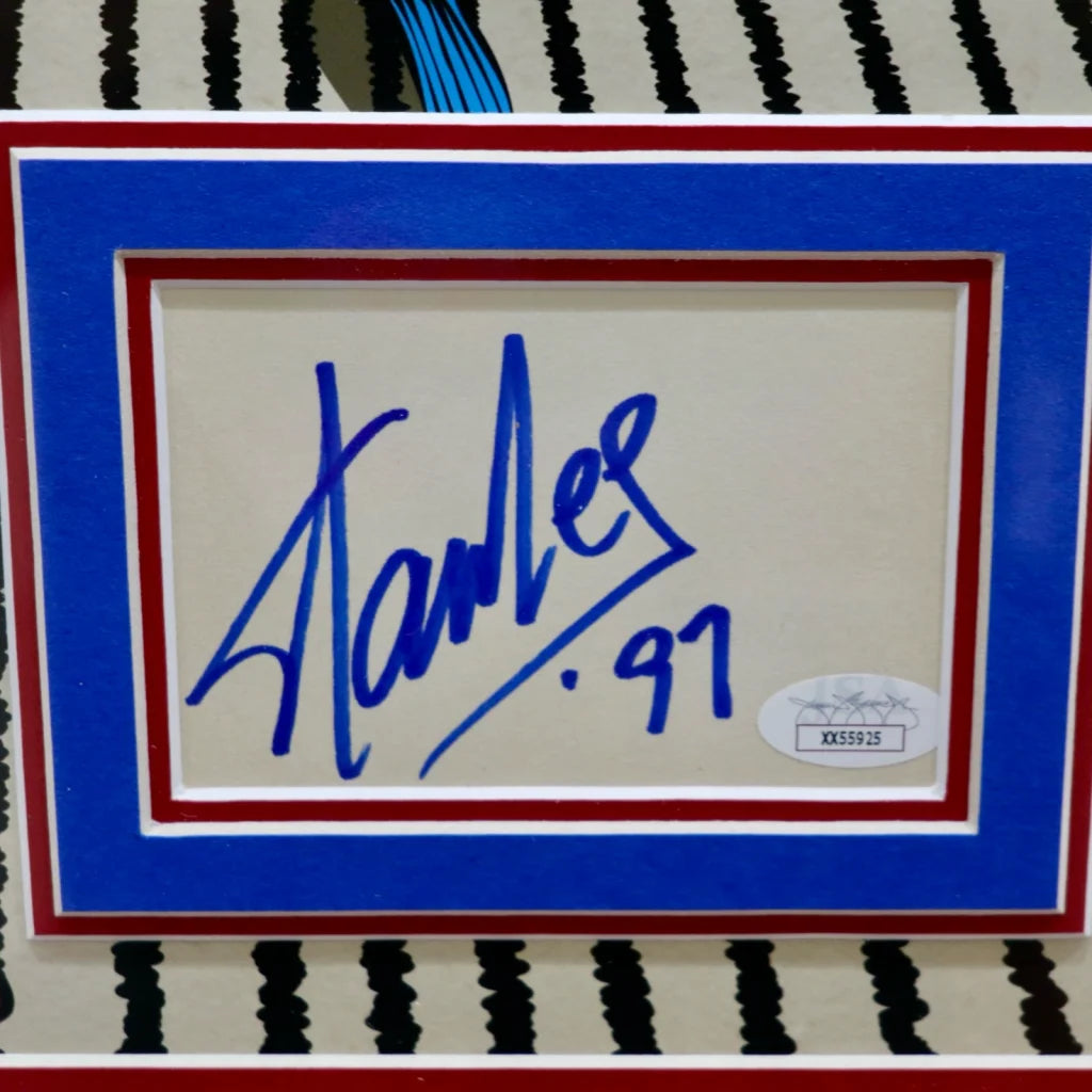 Blue Stan Lee signature in deluxe framed Marvel autograph art