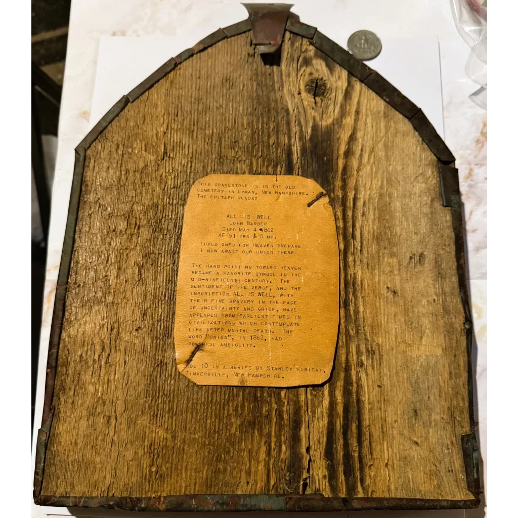 Wooden barn-shaped plaque with descriptive text for Stanley Kubicki rustic epitaph art