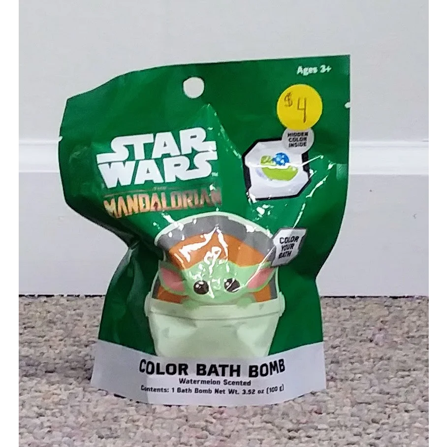 Star Wars color bath bomb with Grogu in green watermelon fizz bag