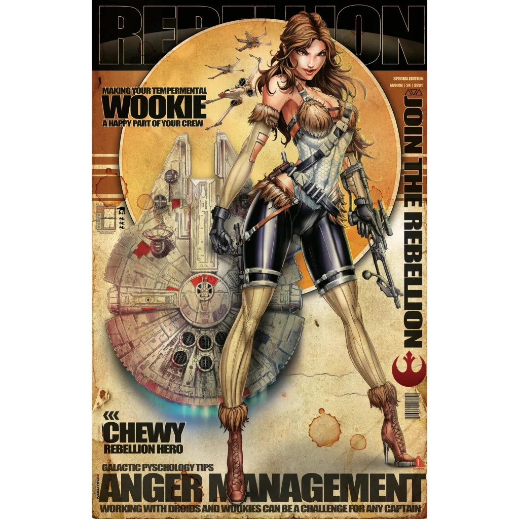 Stylized Star Wars female warrior in black silver armor beside Millennium Falcon on brushed aluminum print