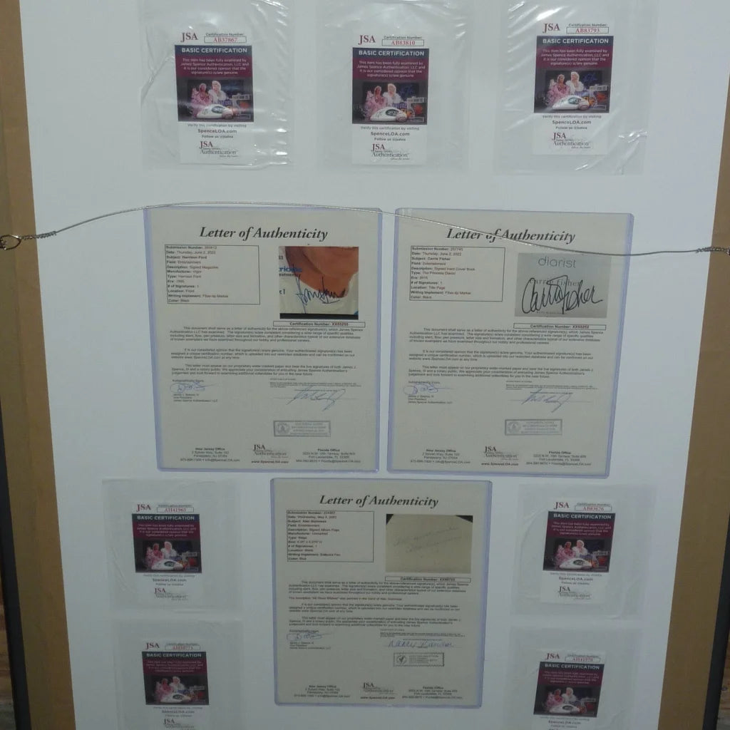 Three framed jsa letters of authenticity with signatures for star wars deluxe framed movie poster collectibles