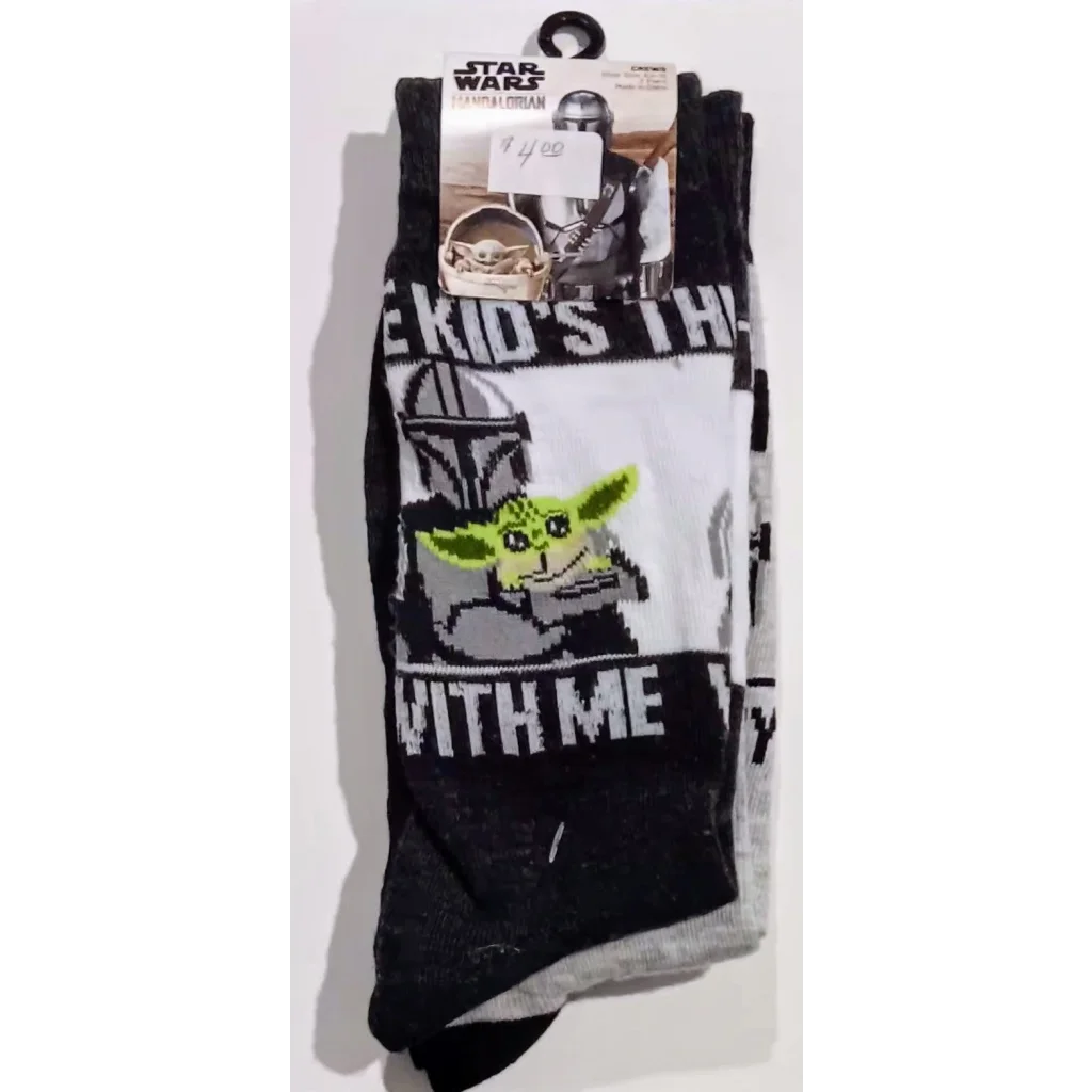 Star Wars Mandalorian crew socks with The Child and Boba Fett design