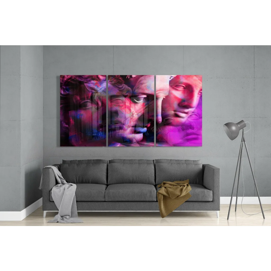 Vibrant bold magenta abstract faces glass wall art triptych
