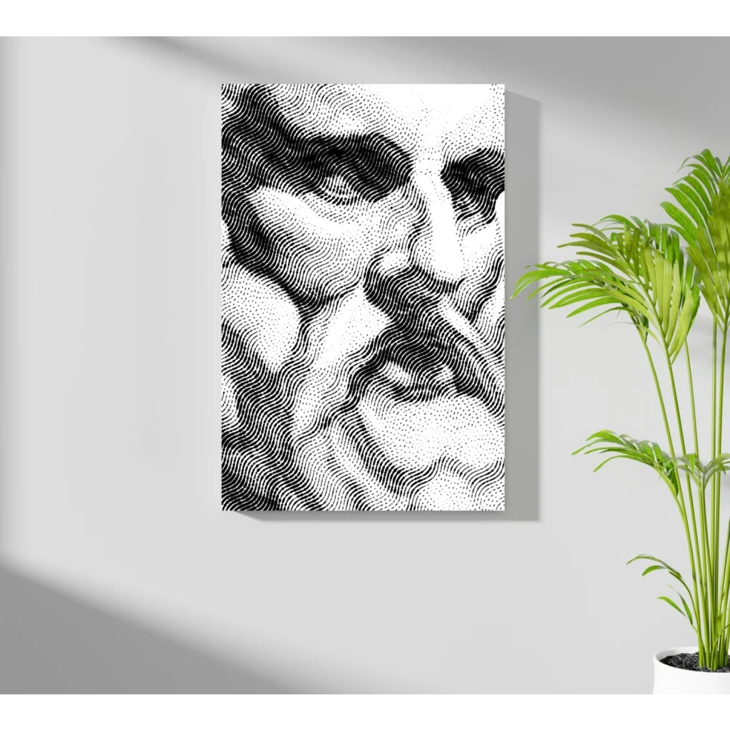 Black and white dot-matrix bearded man portrait on insigne aluminum prints