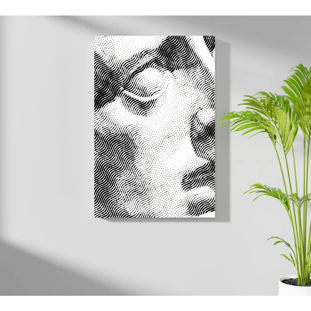 Black and white wavy halftone portrait on Insigne aluminum print