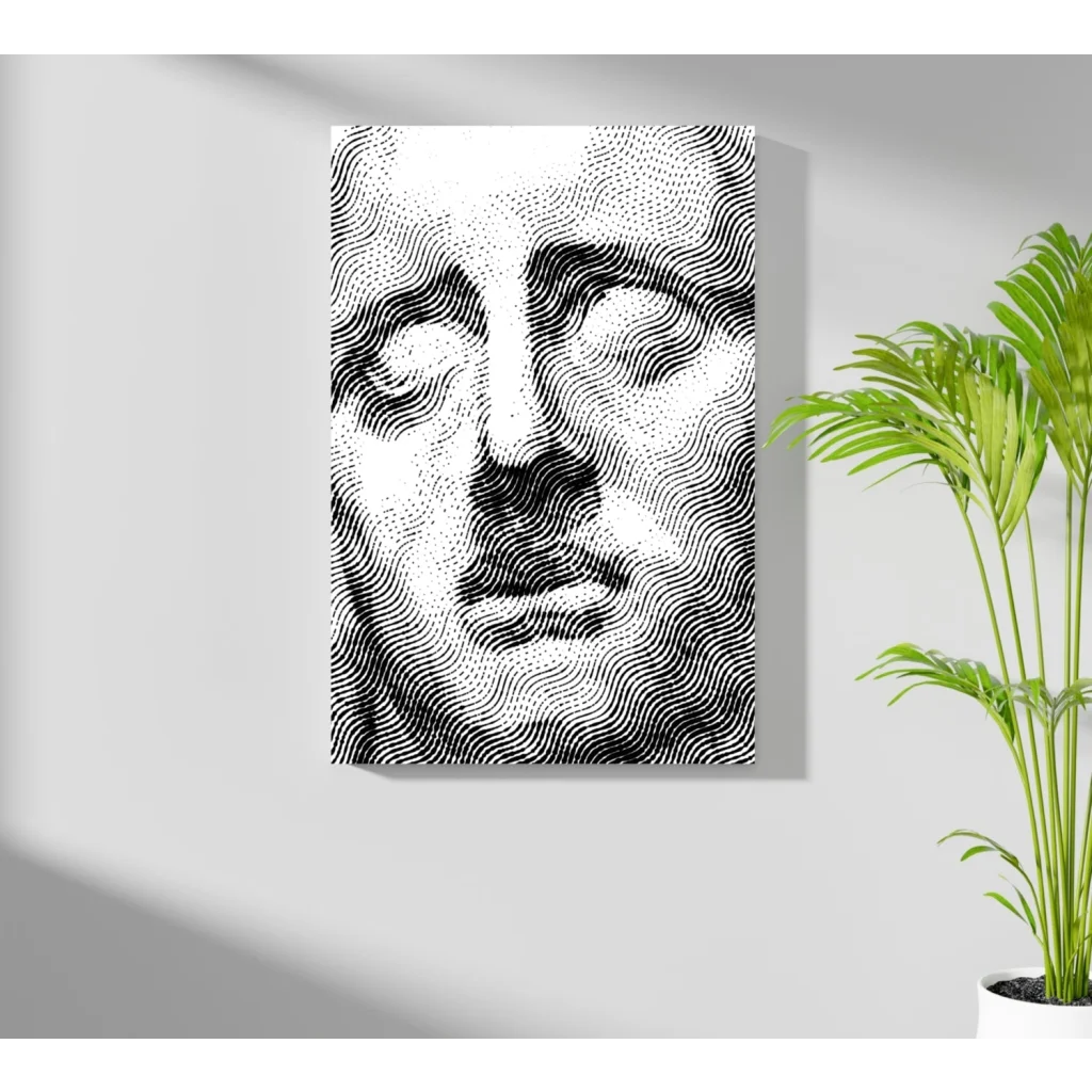 Black and white dotted canvas of classical male face on Insigne aluminum prints