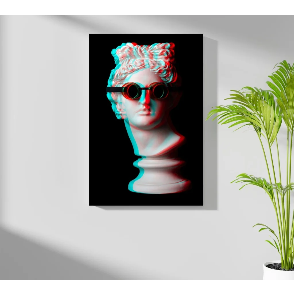 Retro white marble bust in 3D glasses on Insigne aluminum print