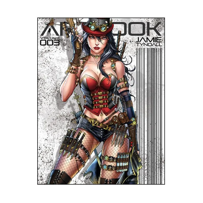 Steampunk warrior woman in red black corset armor with goggles and weapons comic art