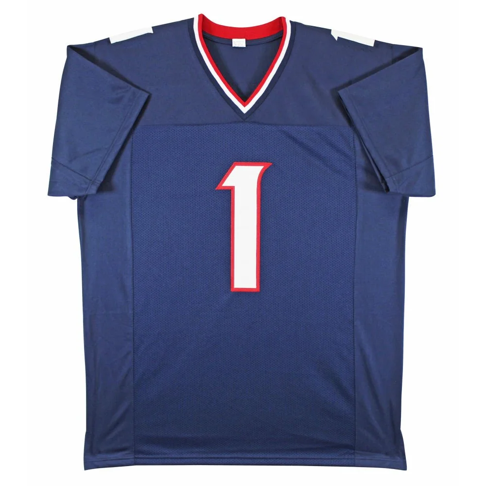 Blue Stefon Diggs signed jersey with red and white V-neck and number 1 front