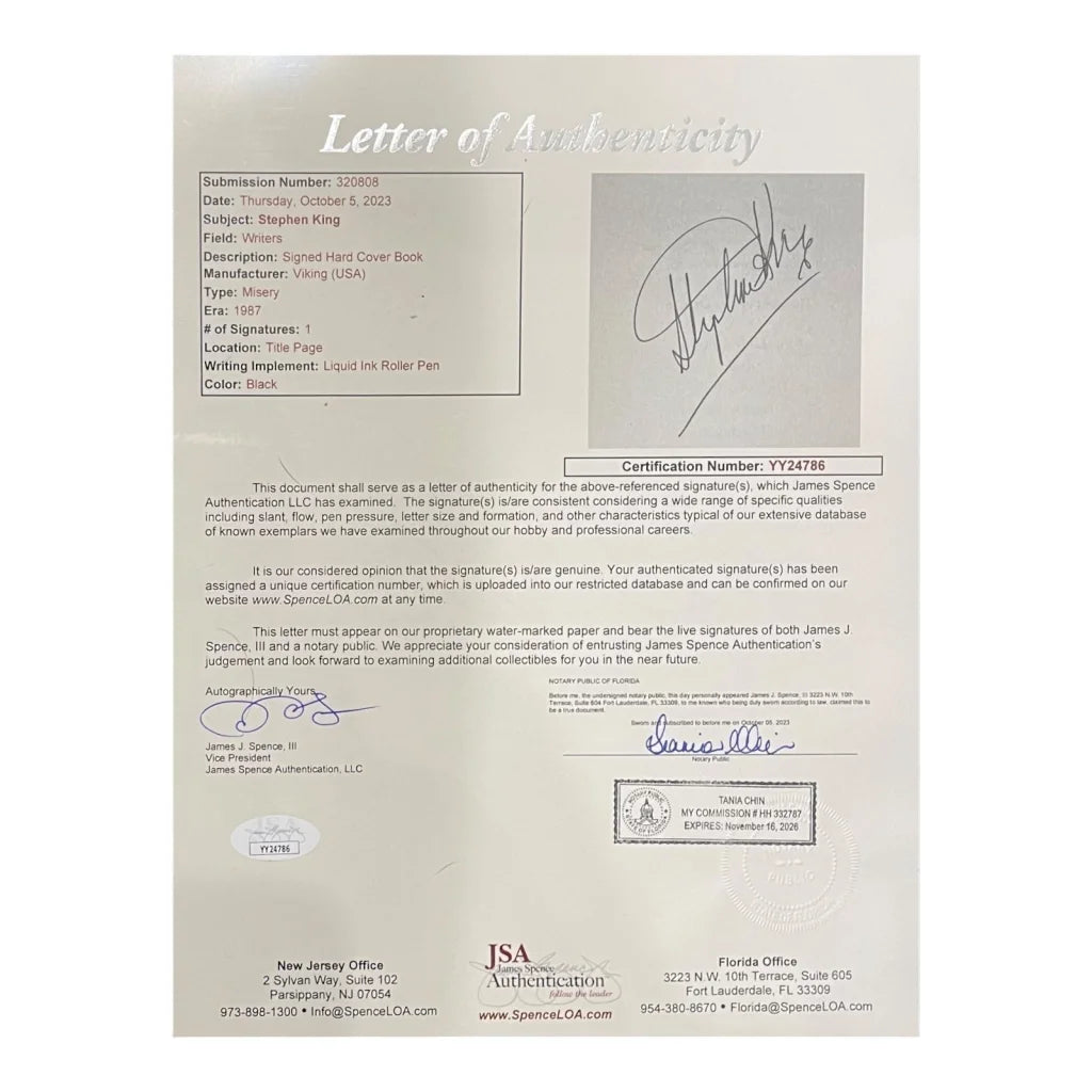 Stephen King autographed Misery first edition with JSA COA