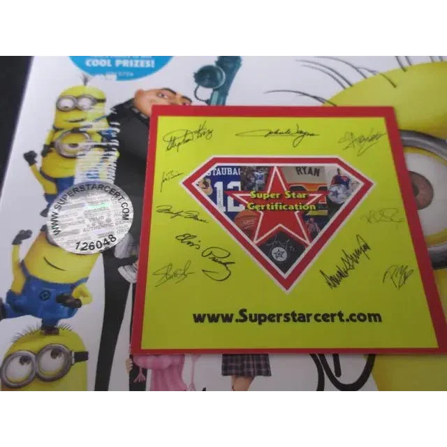 Yellow and red Super Star Certification card with autographs for Steve Carrell signed DVD dust