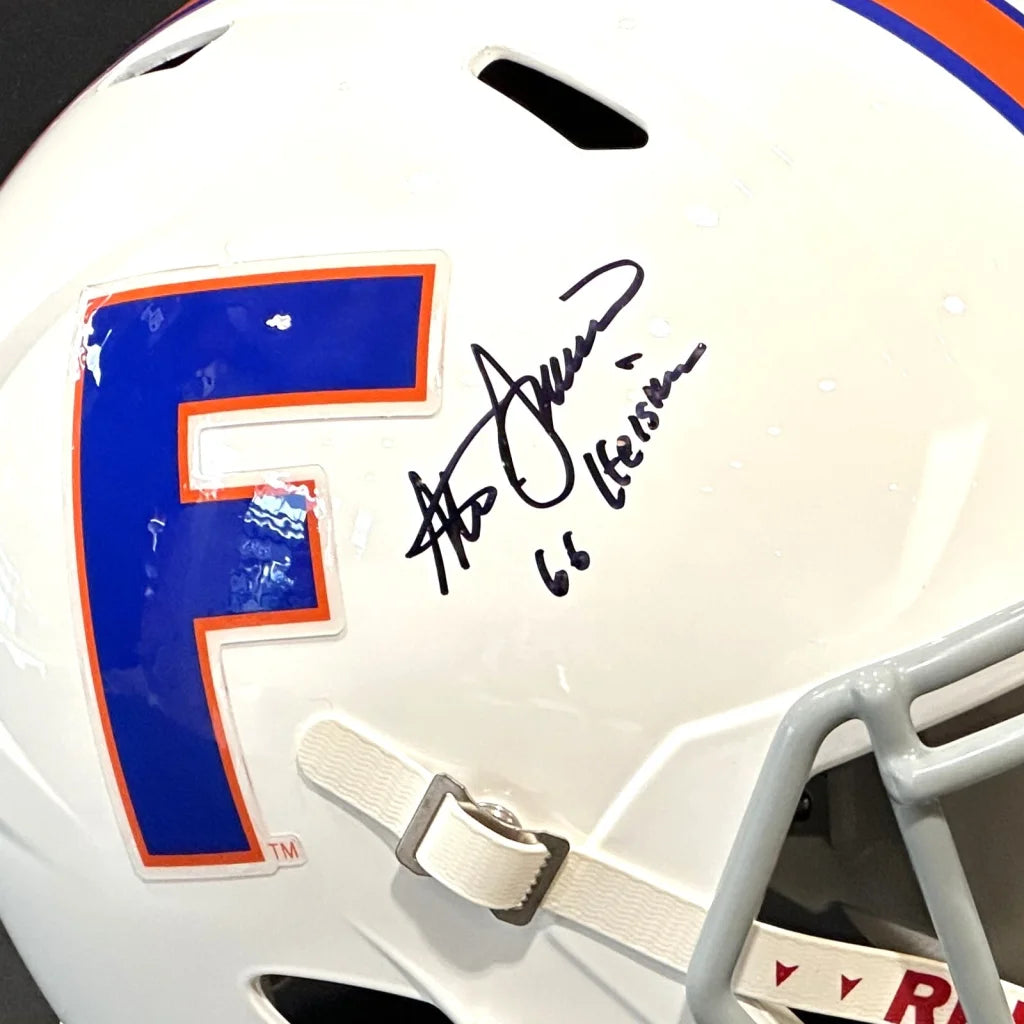 Steve Spurrier signed Florida Gators replica helmet with white base, blue orange accents and G logo