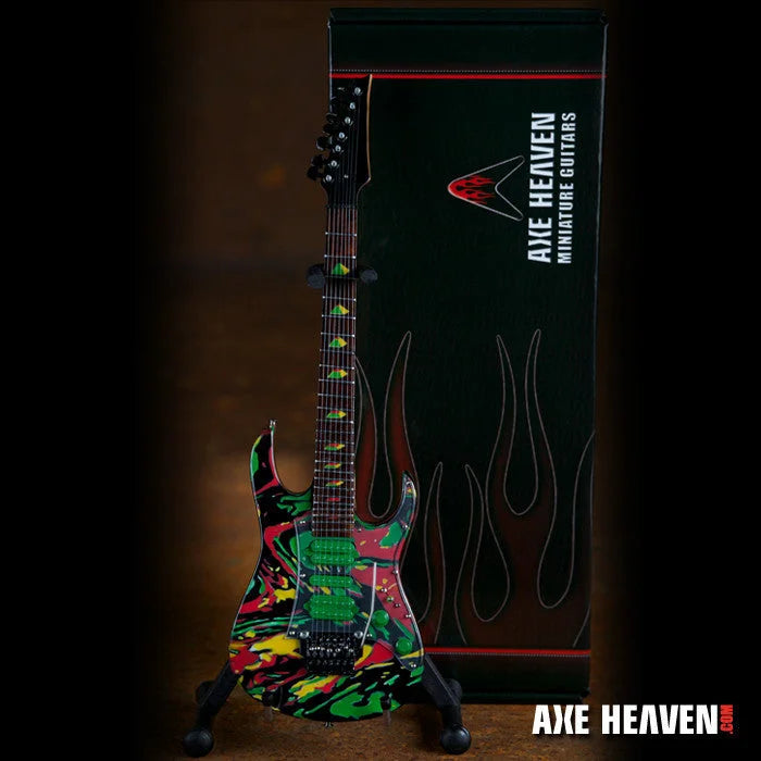 Steve Vai Universe Swirl miniature guitar replica by Axe Heaven® on adjustable A-frame stand