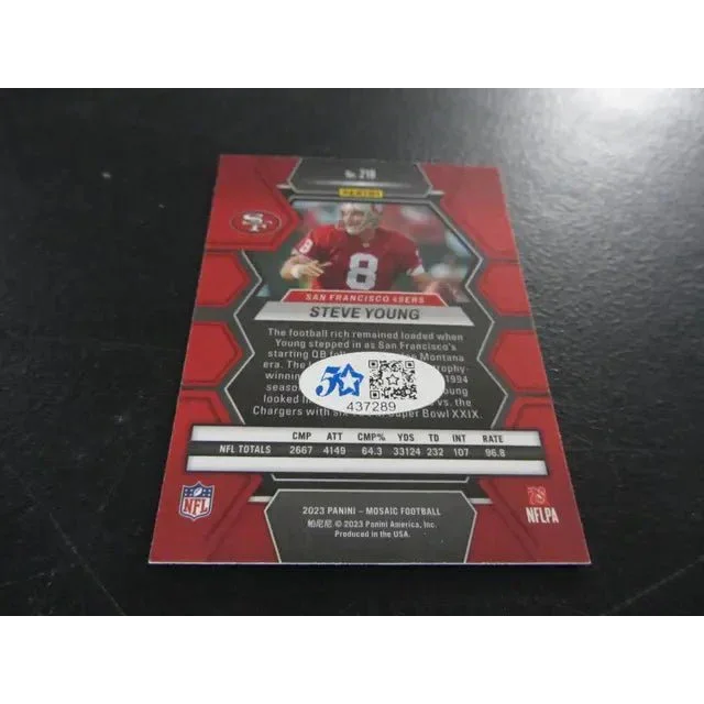 Red and black Panini Mosaic Steve Young signed trading card for 49ers collectibles