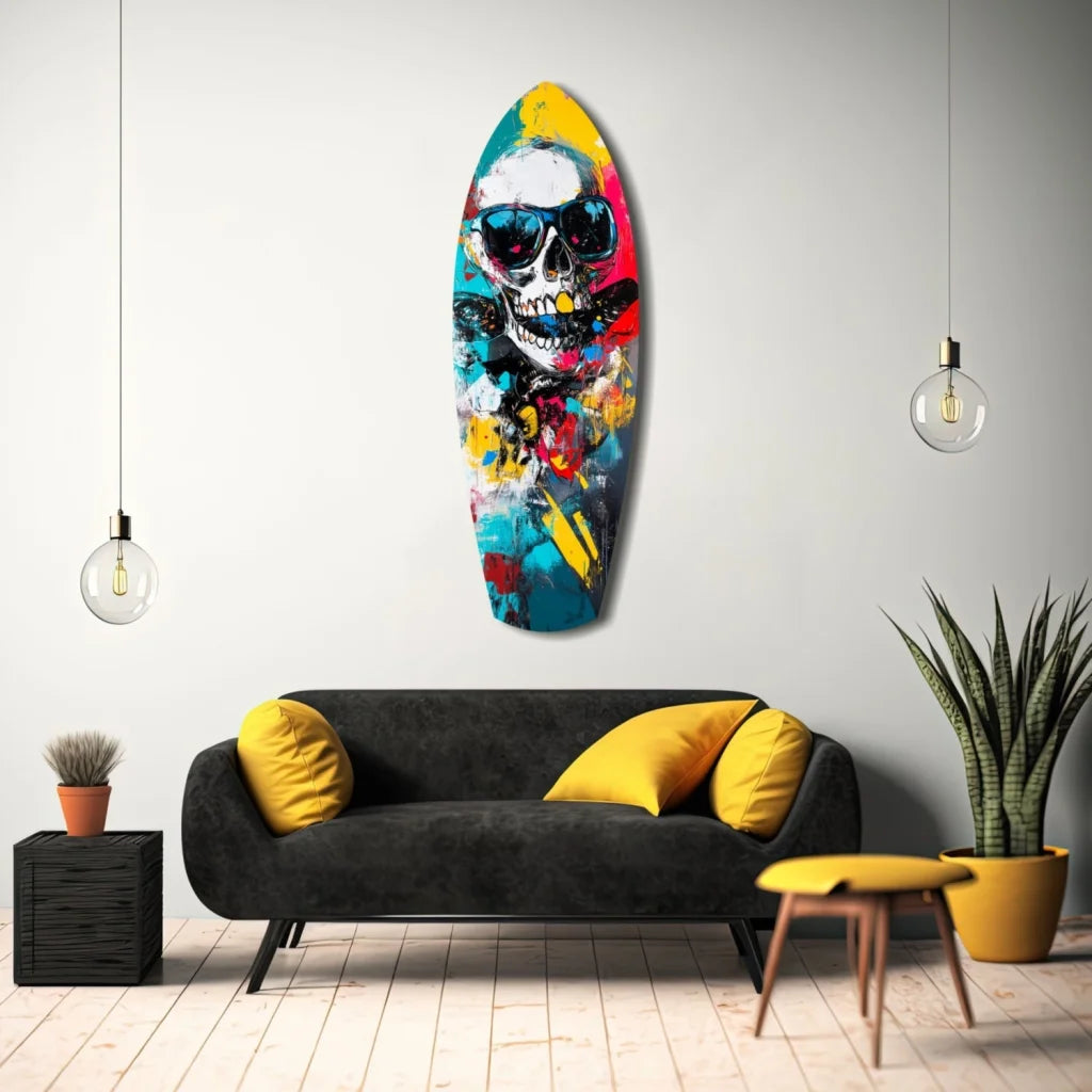 Vibrant skull surfboard tempered glass art in bold neon colors