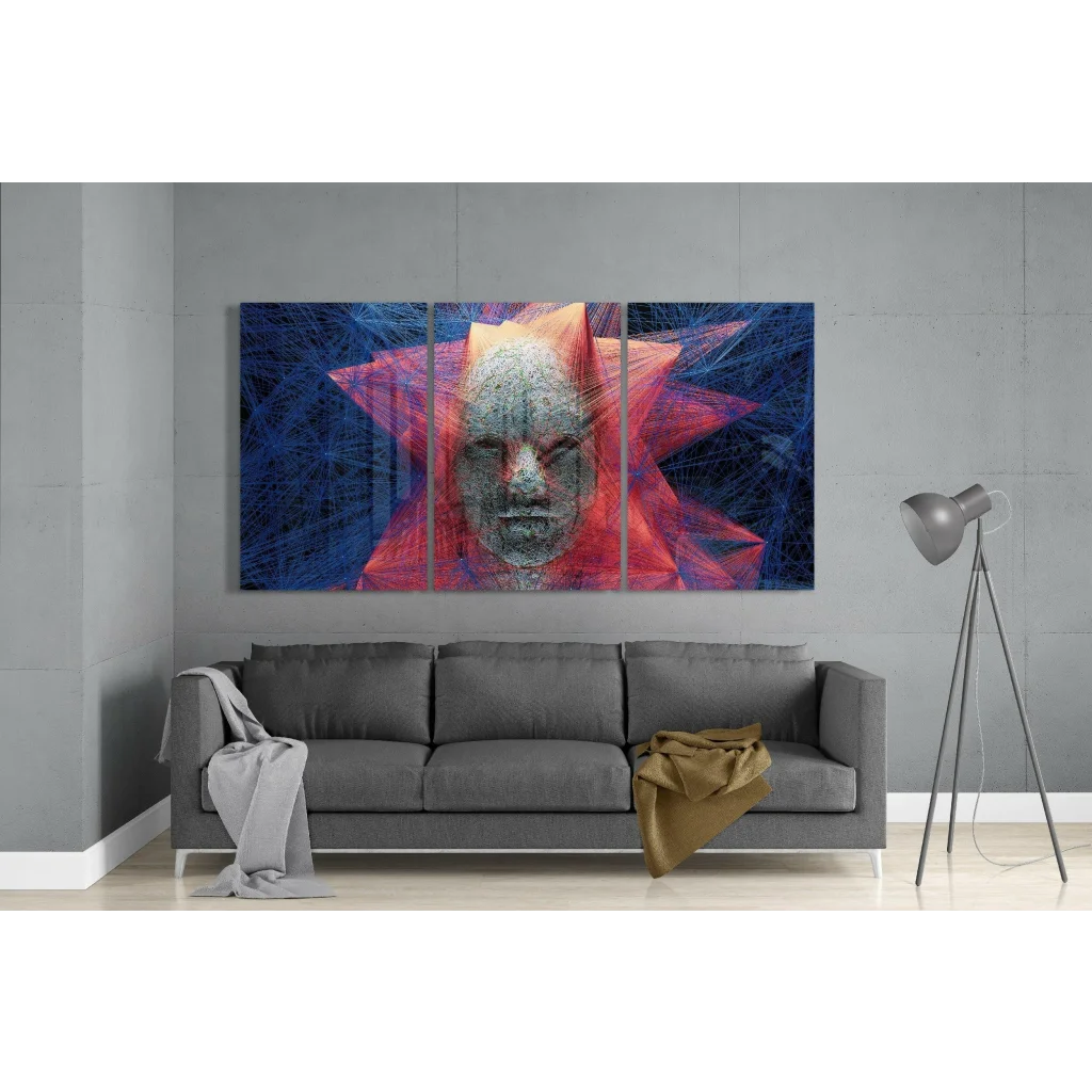 Stunning abstract face triptych glass wall art in red and blue