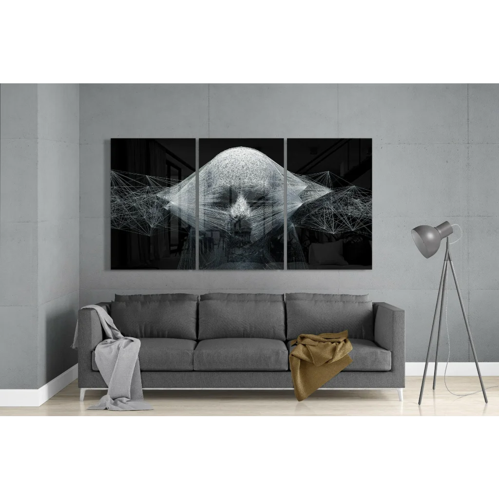Black-and-white wireframe face glass wall art triptych set