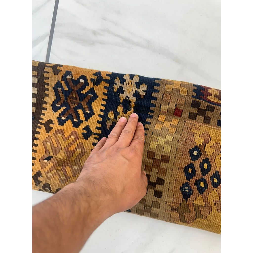 Vintage 1920s antique Anatolian wool prayer rug with hand on geometric floral patterns