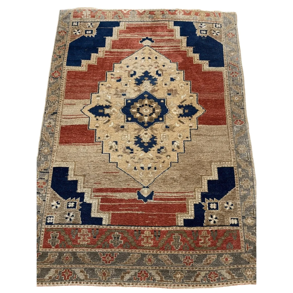 1950s Turkish Oushak wool rug with cream navy diamond medallion