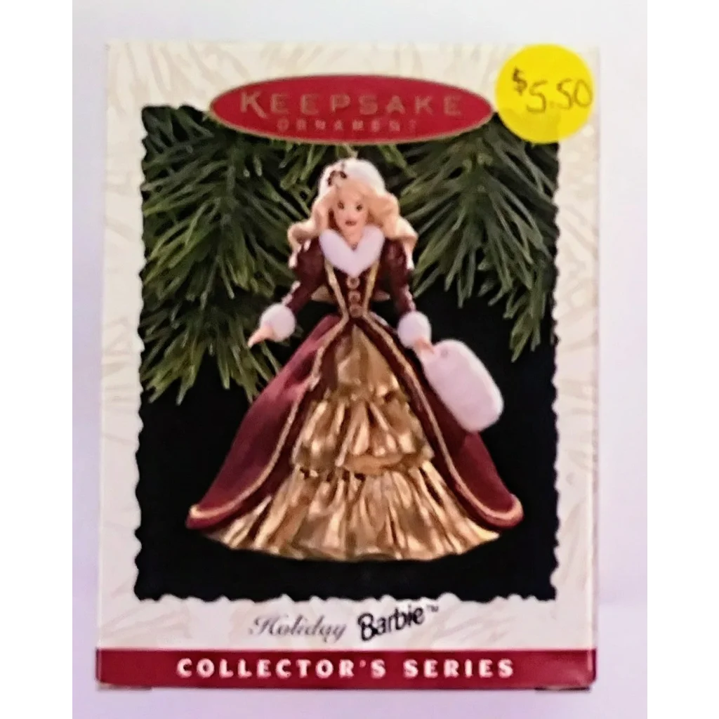 Stunning 1996 Holiday Barbie Keepsake Ornament in burgundy gold dress