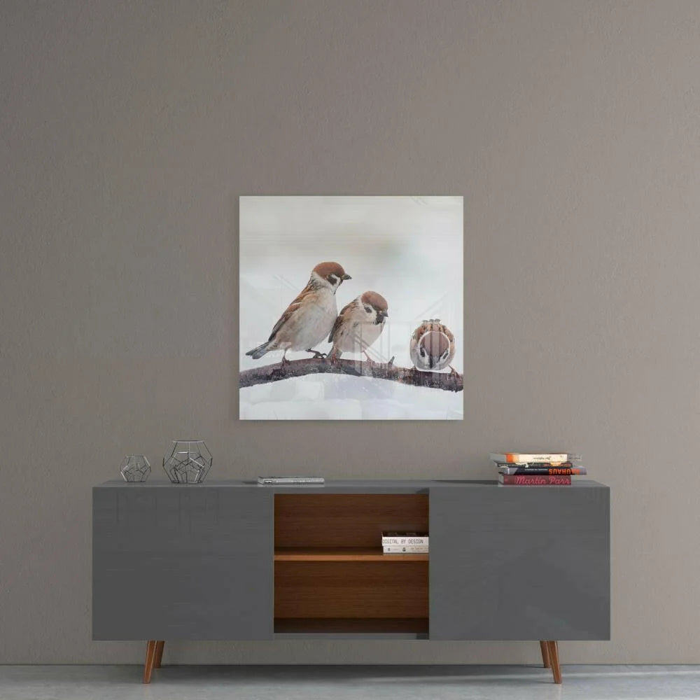 Gray modern sideboard with copper legs and stunning 3D sparrow wall art