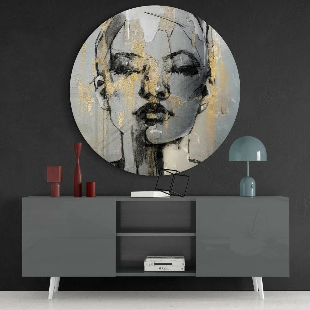 Stunning abstract face tempered glass art in black white with gold accents