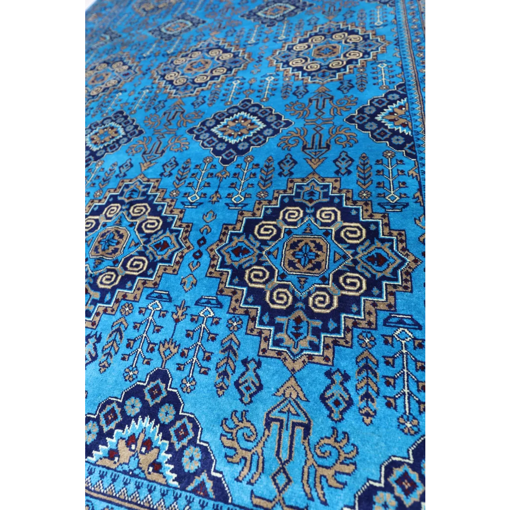 Stunning Afghan Blue Zerkhaki rug with vibrant patterns and cotton foundation