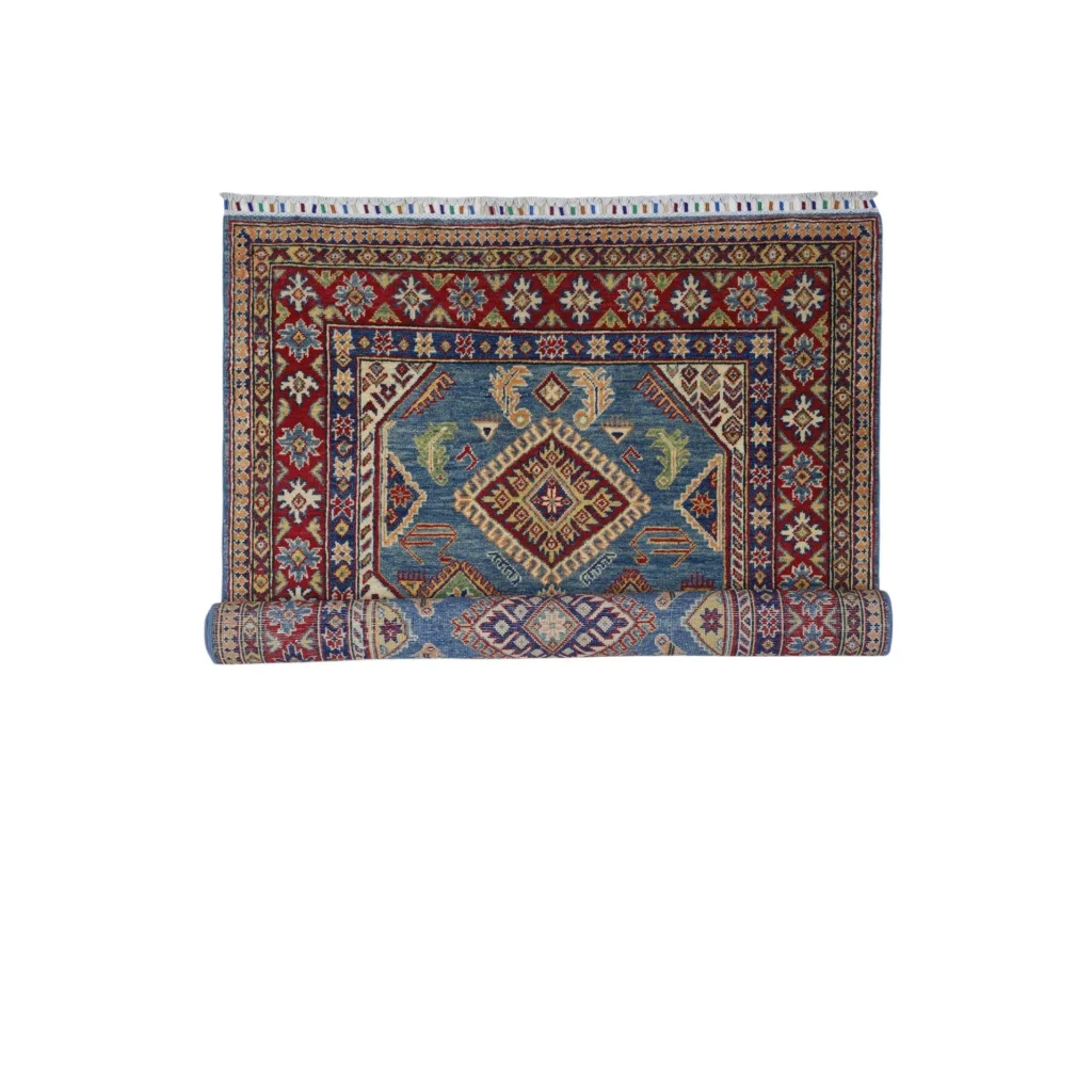 Stunning Afghan Kazak rug with cotton foundation, blue field, red gold motifs
