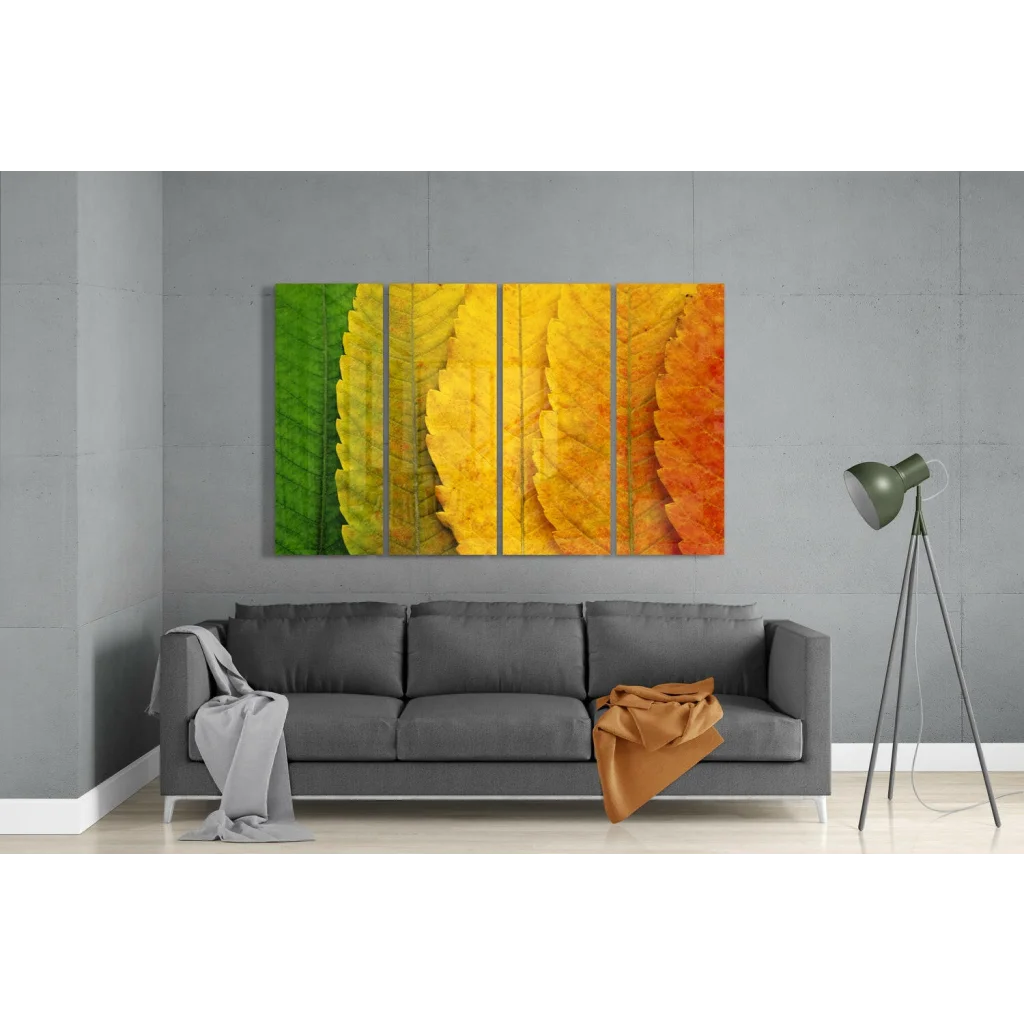 Stunning autumn leaves glass wall art triptych in vibrant colors