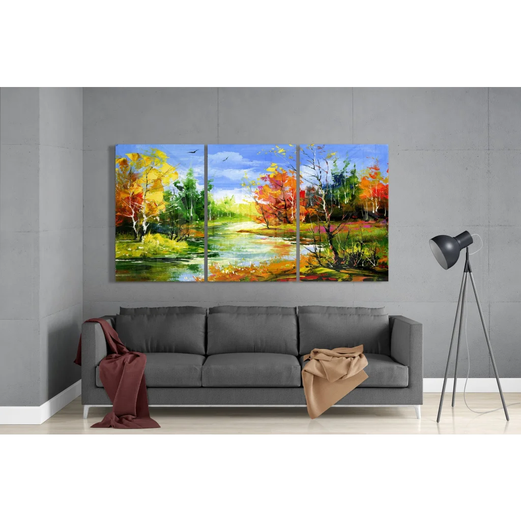 Stunning Autumn River Glass Wall Art Triptych Set with vibrant fall foliage