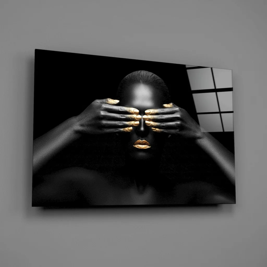 Stunning black and gold woman portrait tempered glass art for walls