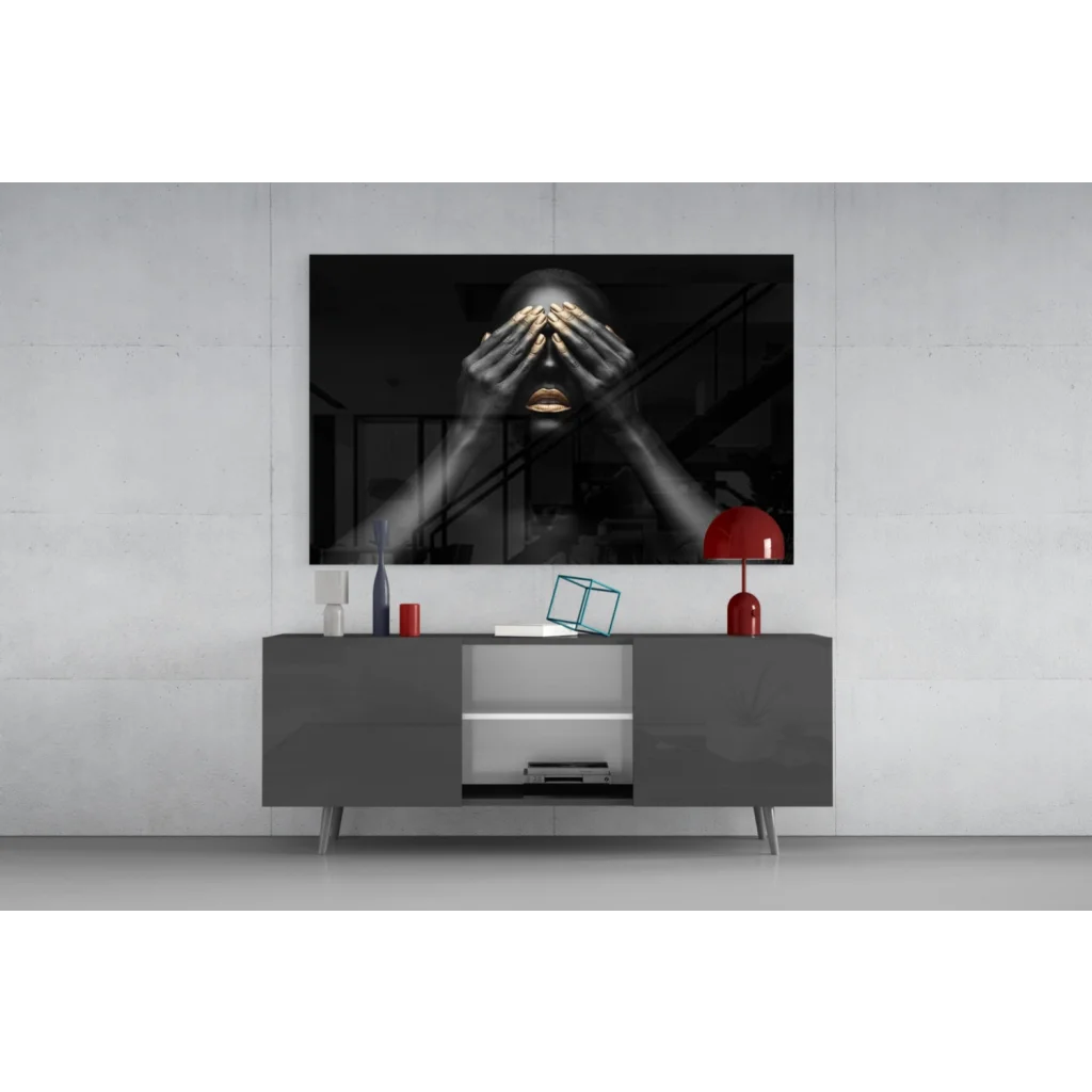 Stunning black gold woman tempered glass art with figure covering face