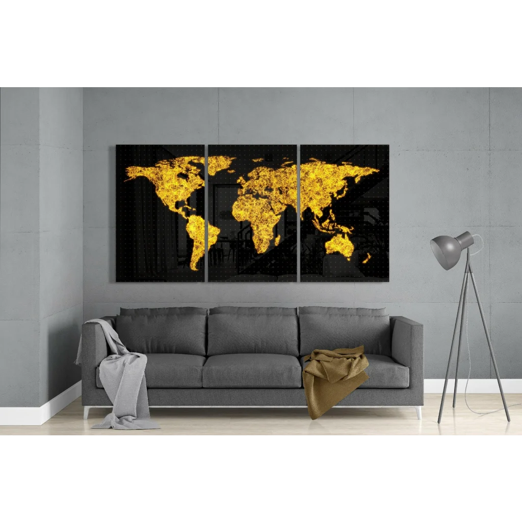 Stunning Black Gold World Map Glass Wall Art Triptych | Modern Wall Art Decor | vintageantiquesgifts.com