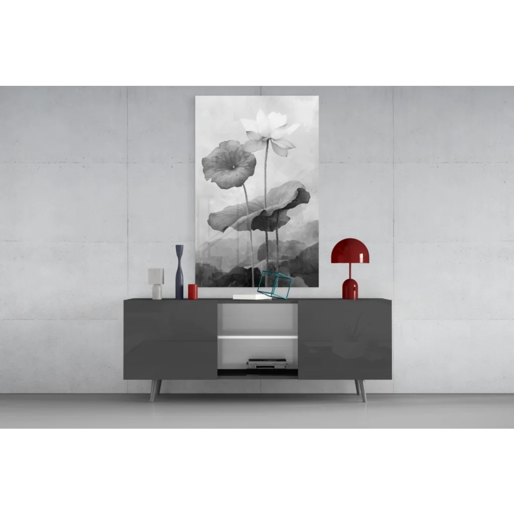 Modern gray lacquered sideboard with silver accents under floral wall art