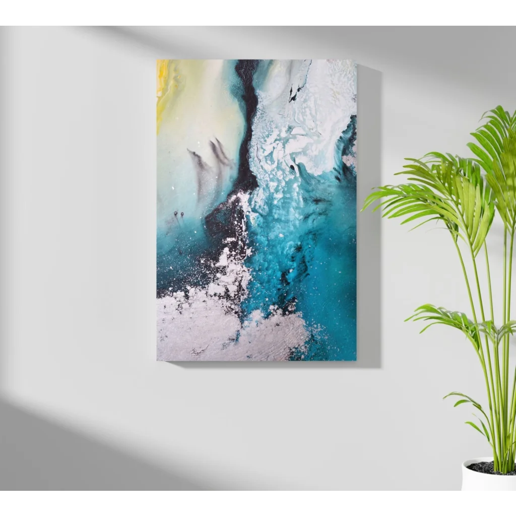 Stunning teal and yellow abstract aluminum wall art with wavy texture