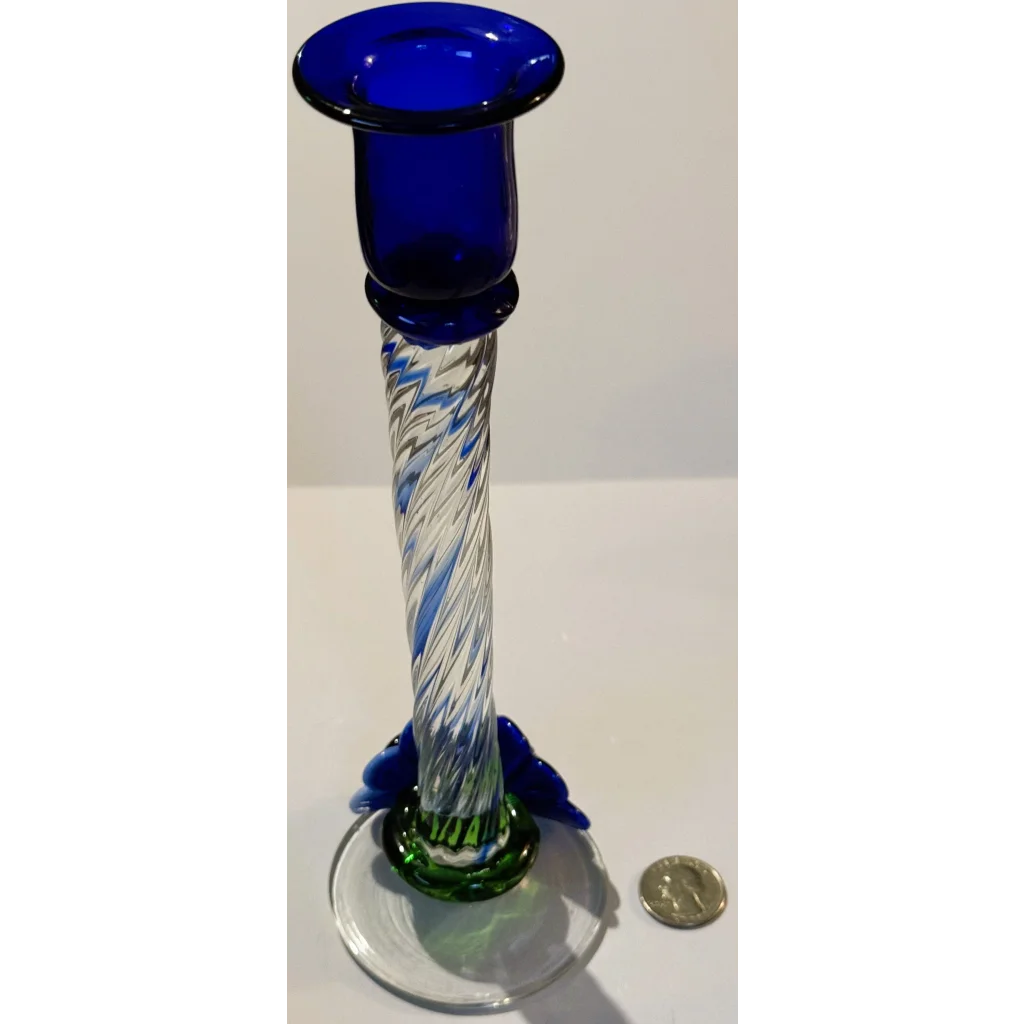 Blue clear art glass candlestick with twisted stems and flower accents