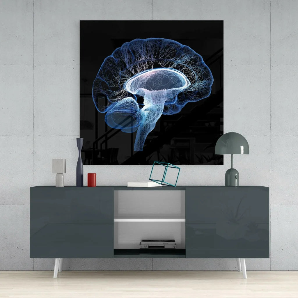 Stunning blue brain glass wall art with silver frame on black background