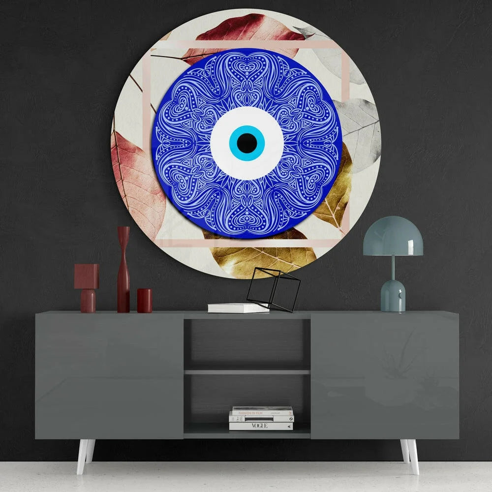 Stunning blue evil eye tempered glass art with white gold designs on marble