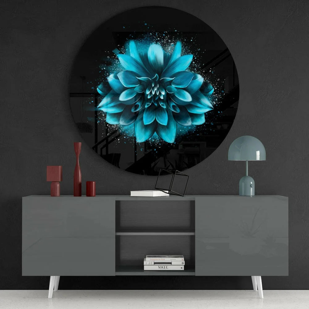 Stunning blue flower tempered glass art with black background and metallic frame