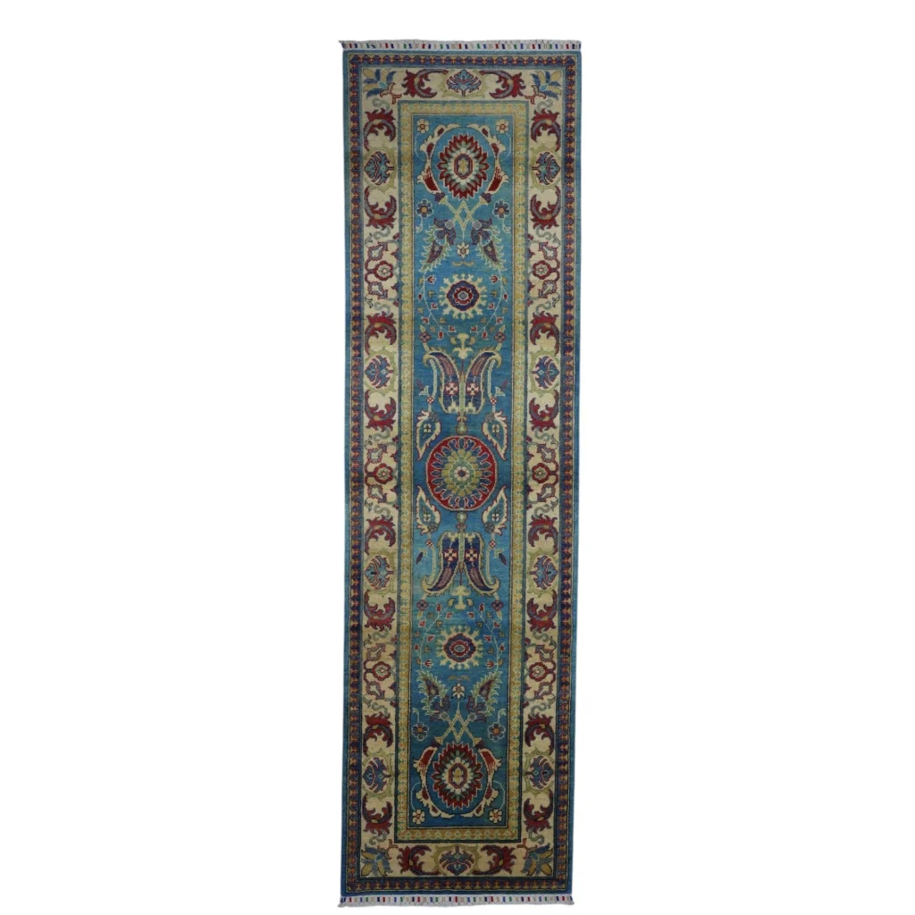 Stunning blue Kazak runner rug with cotton foundation from Afghanistan