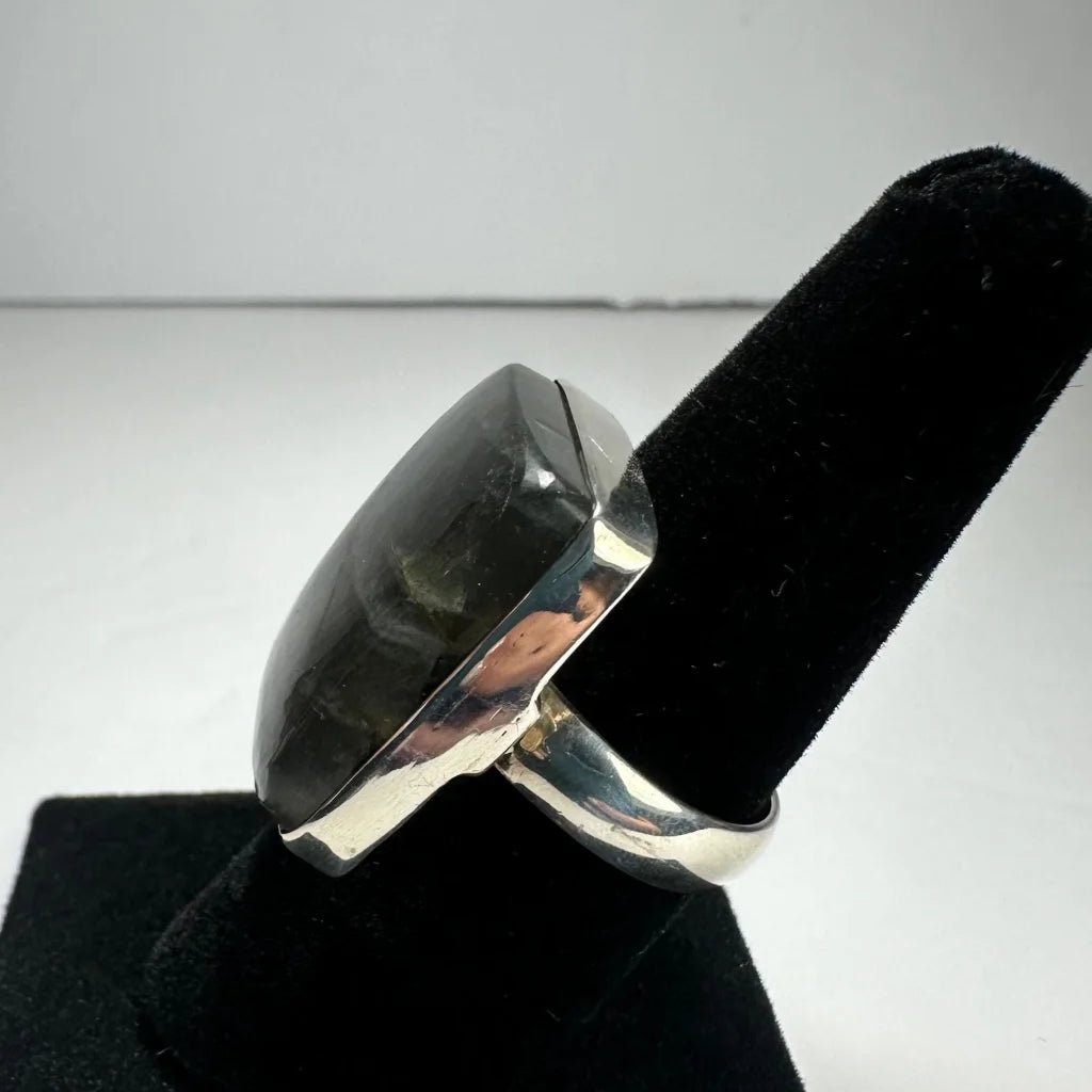 Stunning labradorite ring in sterling silver with smoky quartz vibe