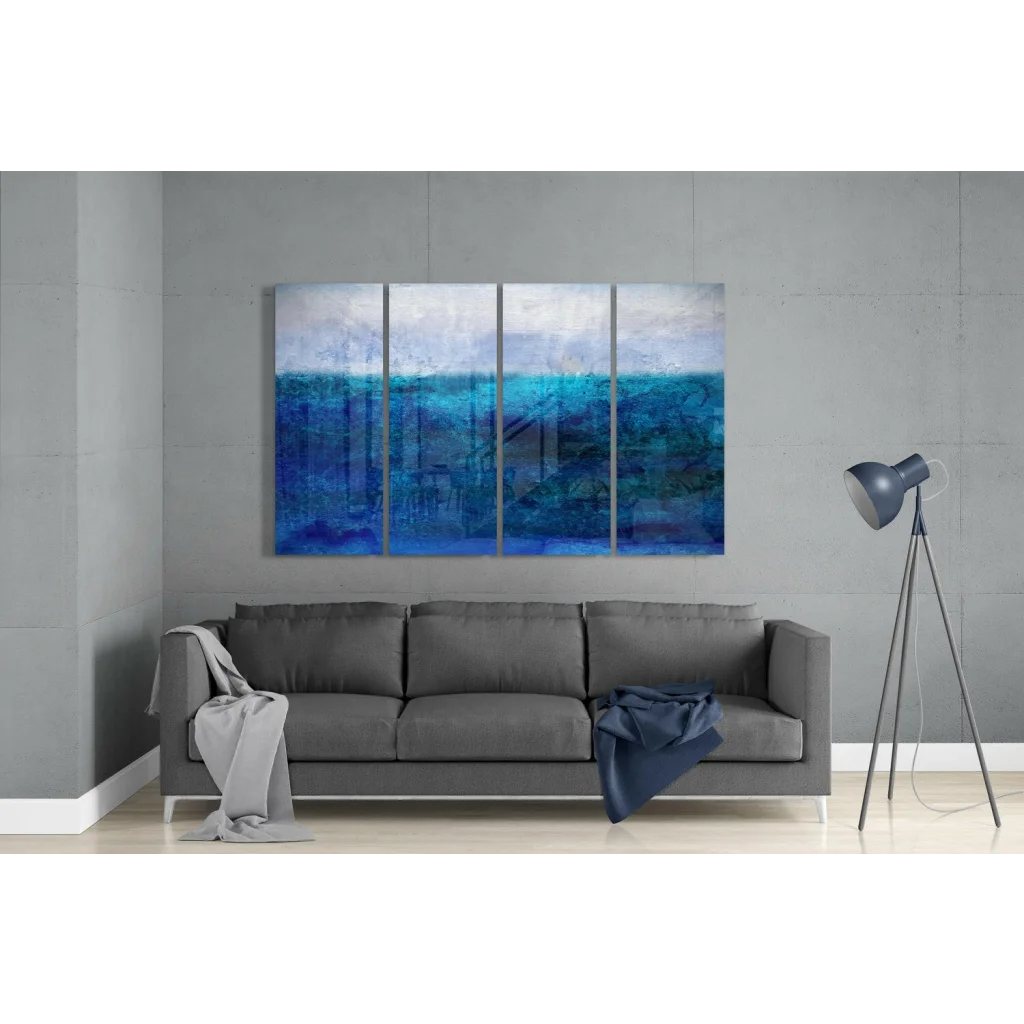 Stunning blue ocean wave glass wall art triptych with textured brushstrokes