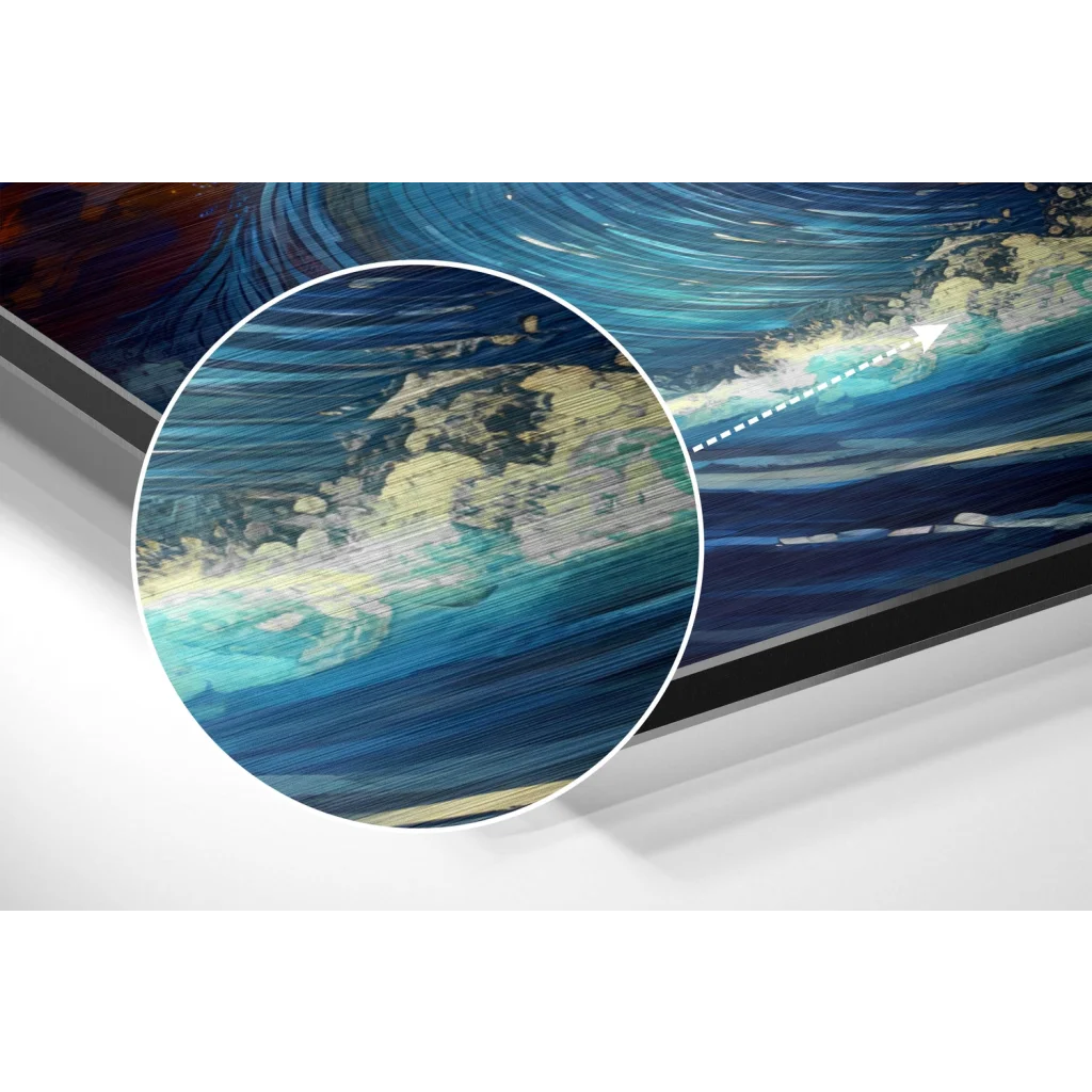 Blue and white abstract swirling patterns on brushed aluminium dibond