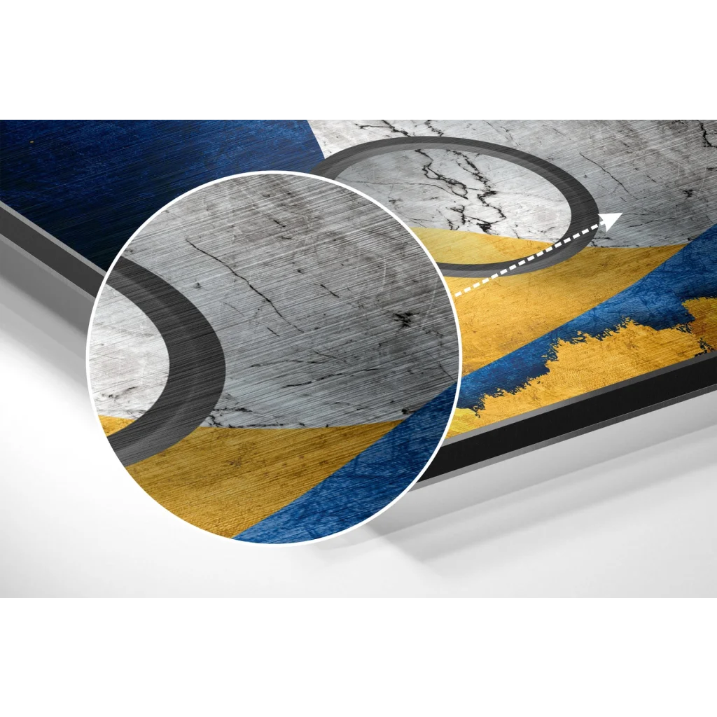 Stunning blue yellow abstract rug on brushed aluminium dibond