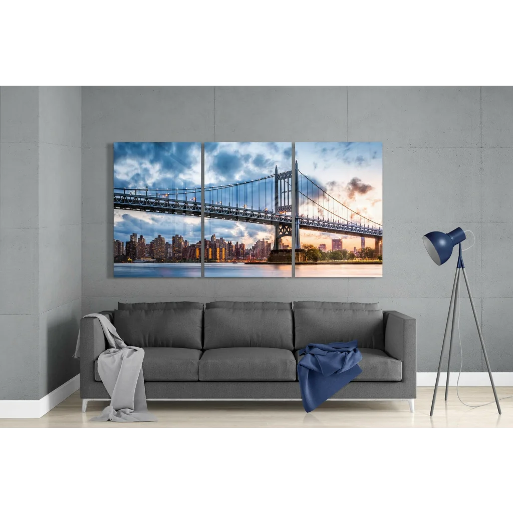 Stunning blue gray bridge cityscape three panel wall art canvas