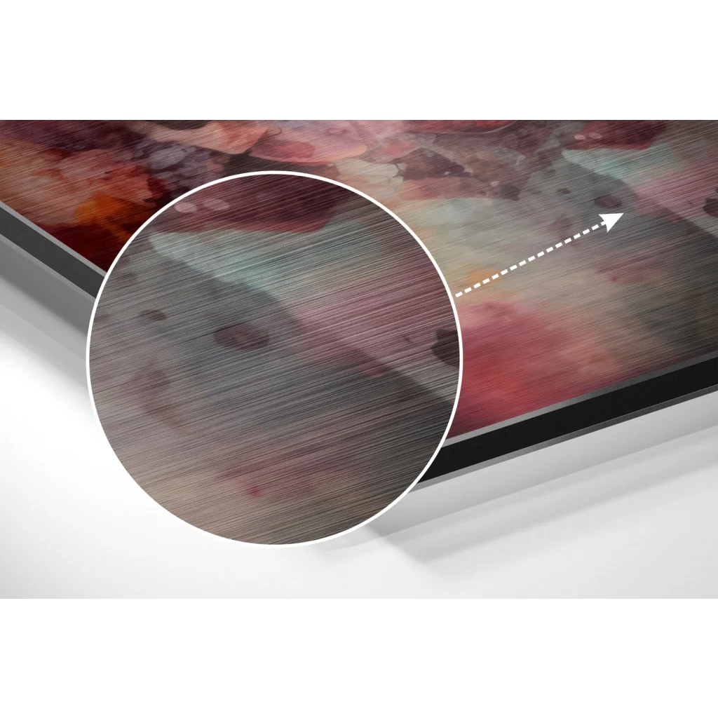 Stunning brushed aluminium dibond abstract art print with swirling red, pink, and teal hues in a metallic frame