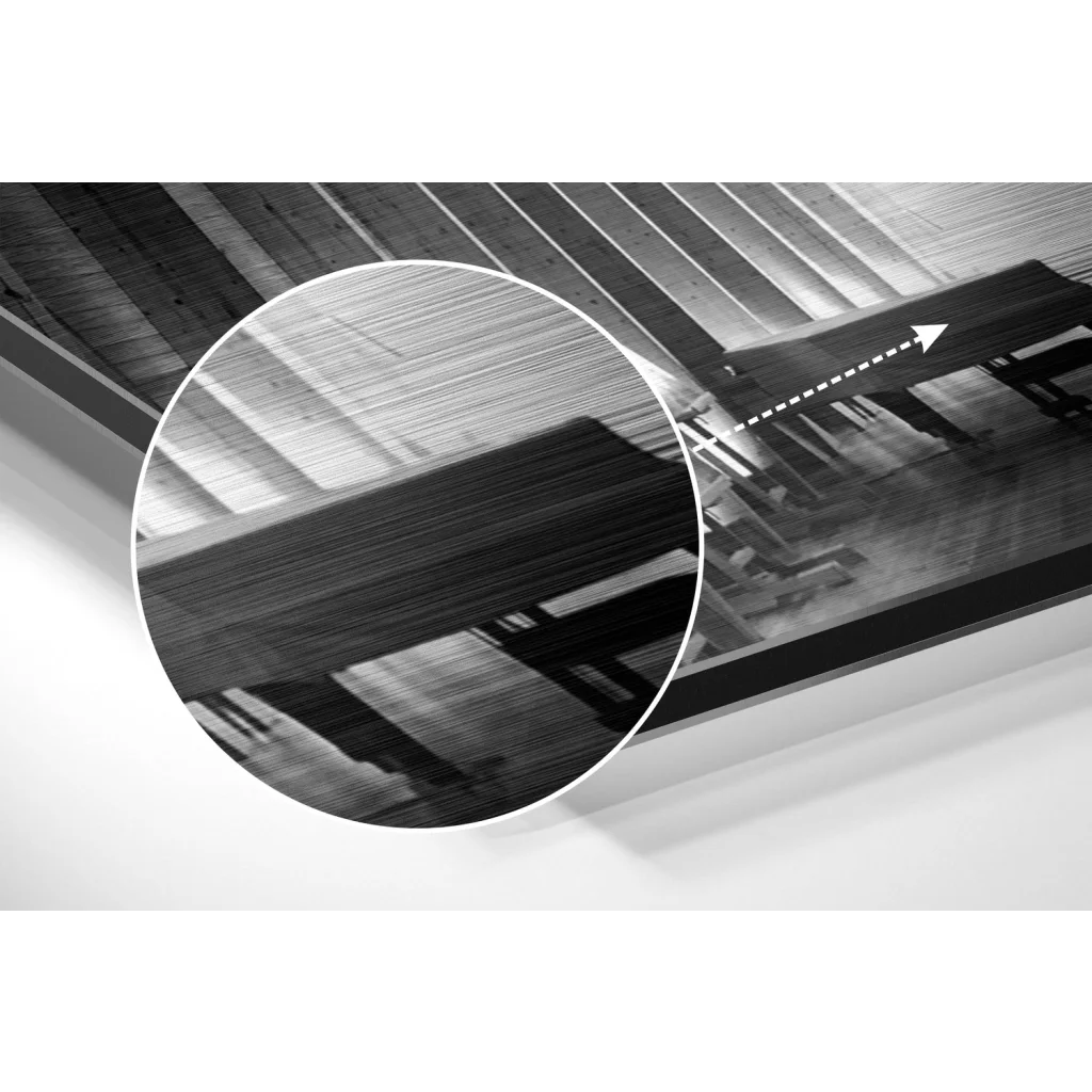 Black-and-white architectural photo on brushed aluminium dibond with textured beam inset