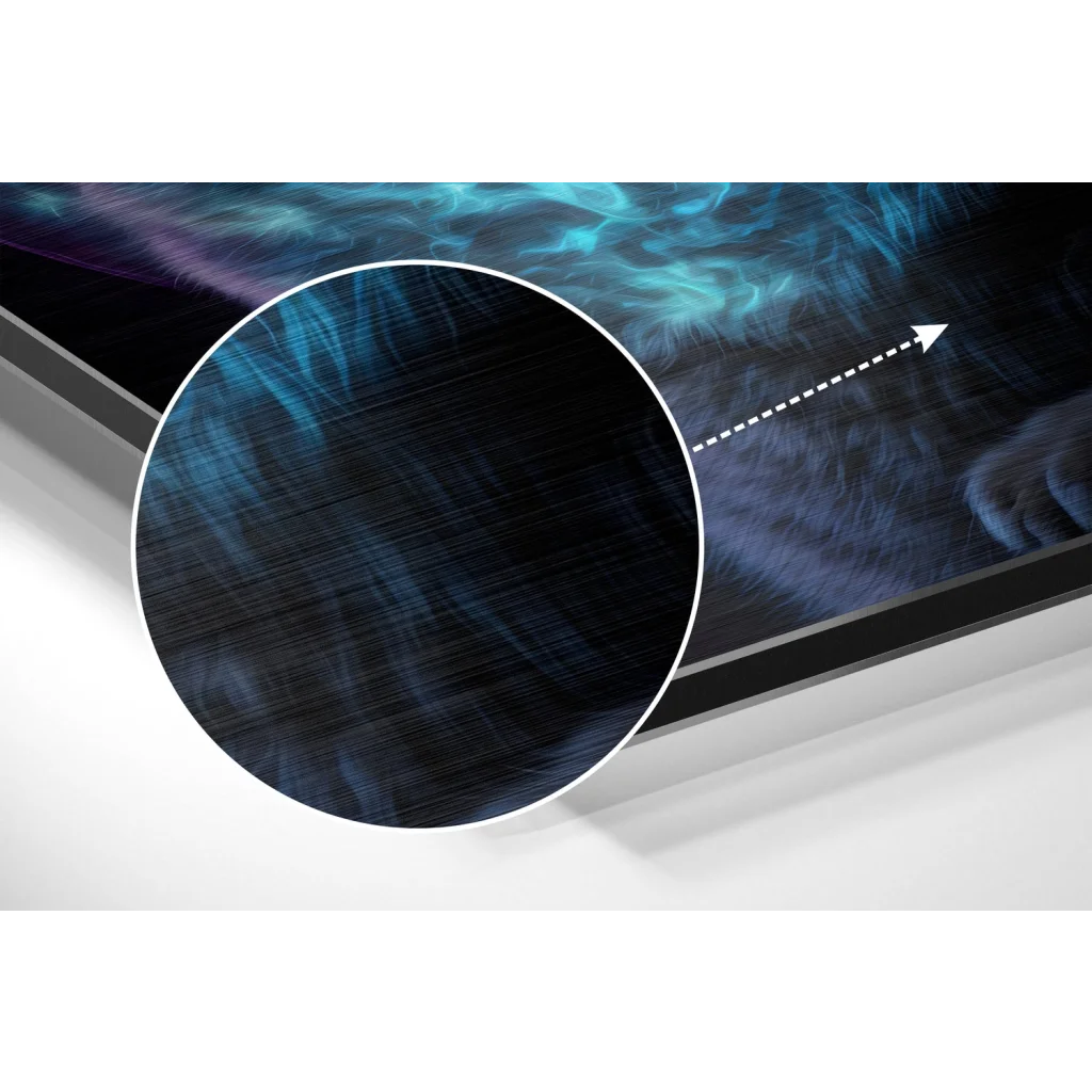 Close-up of brushed aluminium dibond art print with vibrant aquatic screen